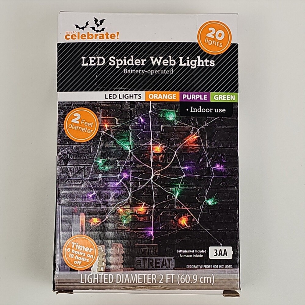 Way To Celebrate Halloween LED Spider Web Lights 20 Count Multicolor 2 Ft NEW Op